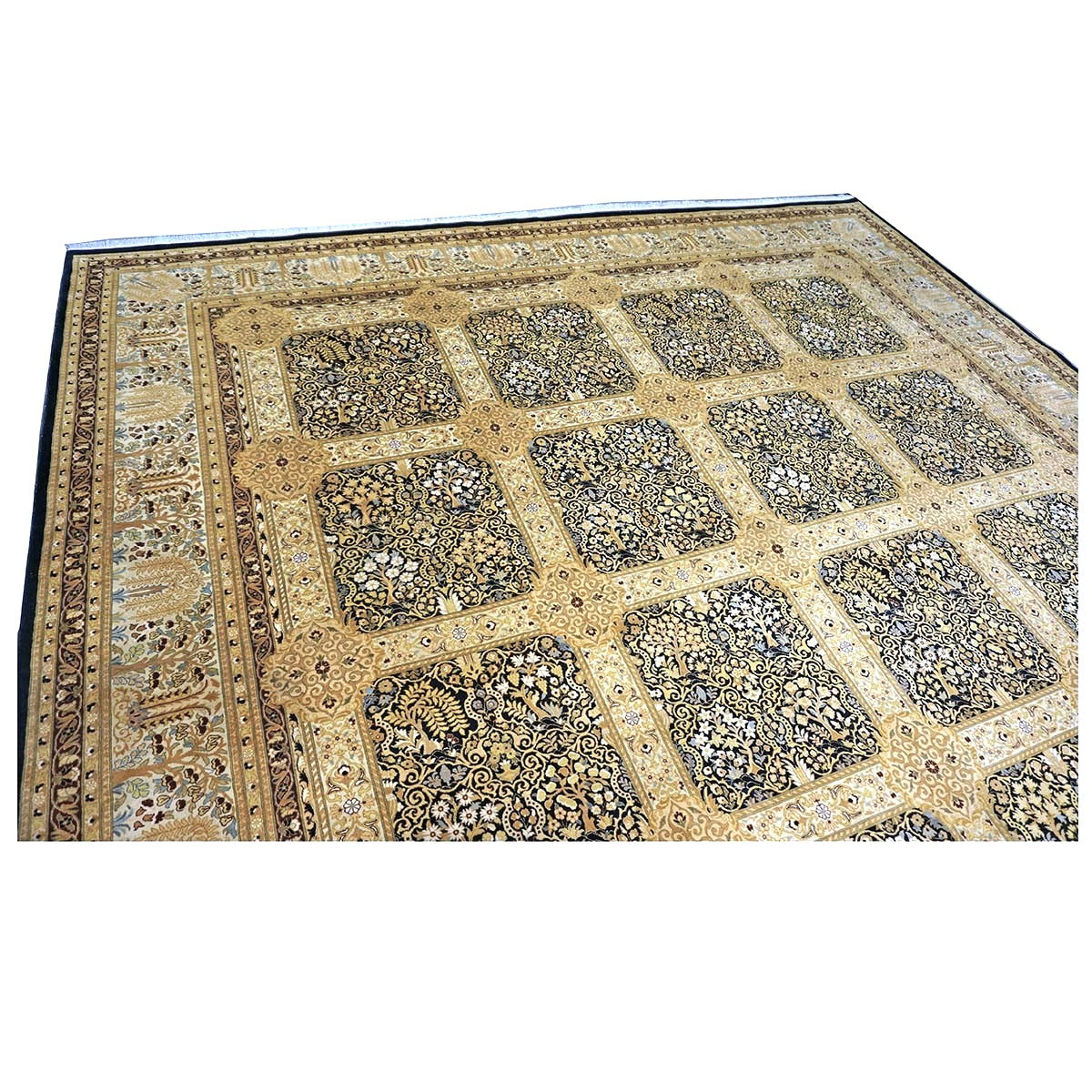 Vintage Pakistani Tabriz Wool 12x15 Ivory, Black & Gold Handmade Area Rug #1144730