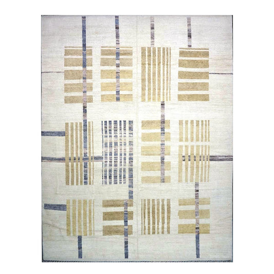 Afghan Tribal Mid-Modern Wool 12x15 Ivory & Tan Handmade Area Rug #1144743