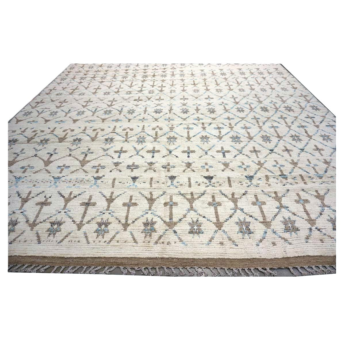 Afghan Tribal Mid-Modern Wool 12x16 Ivory, Brown & Blue Handmade Area Rug #1144745