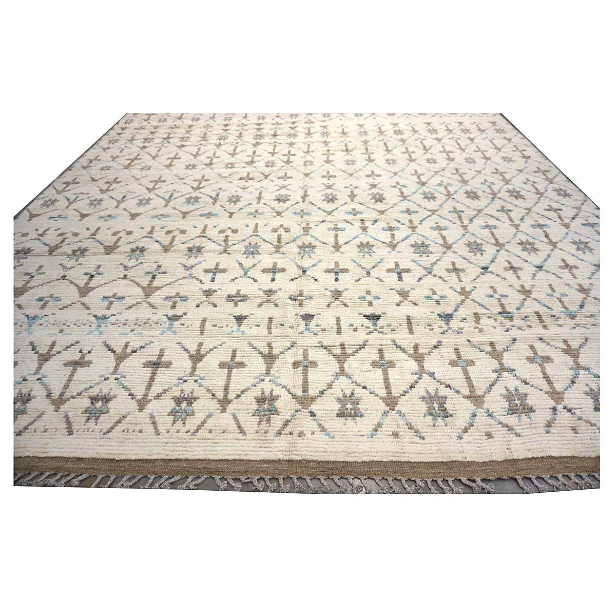Afghan Tribal Mid-Modern Wool 12x16 Ivory, Brown & Blue Handmade Area Rug #1144745