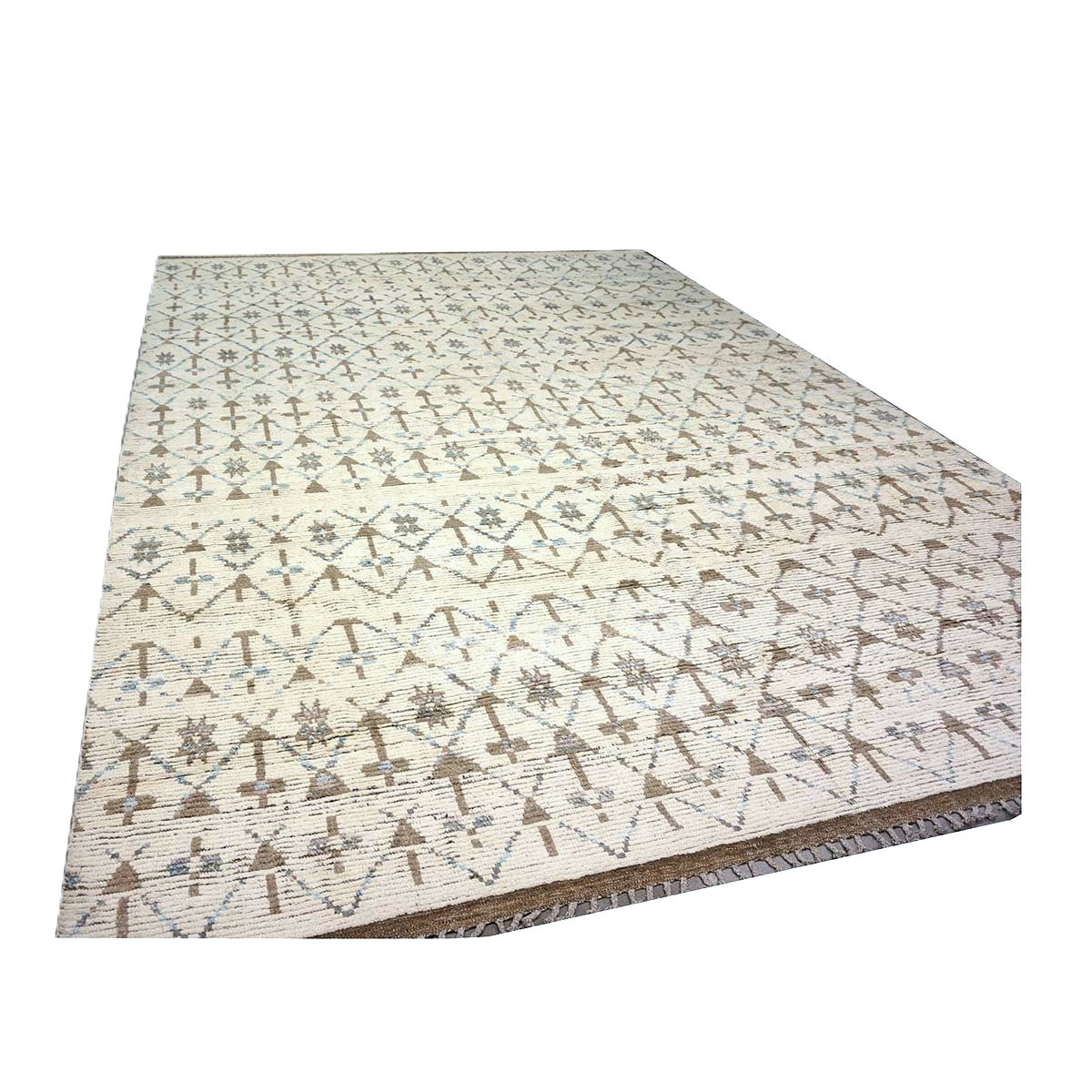 Afghan Tribal Mid-Modern Wool 12x16 Ivory, Brown & Blue Handmade Area Rug #1144745