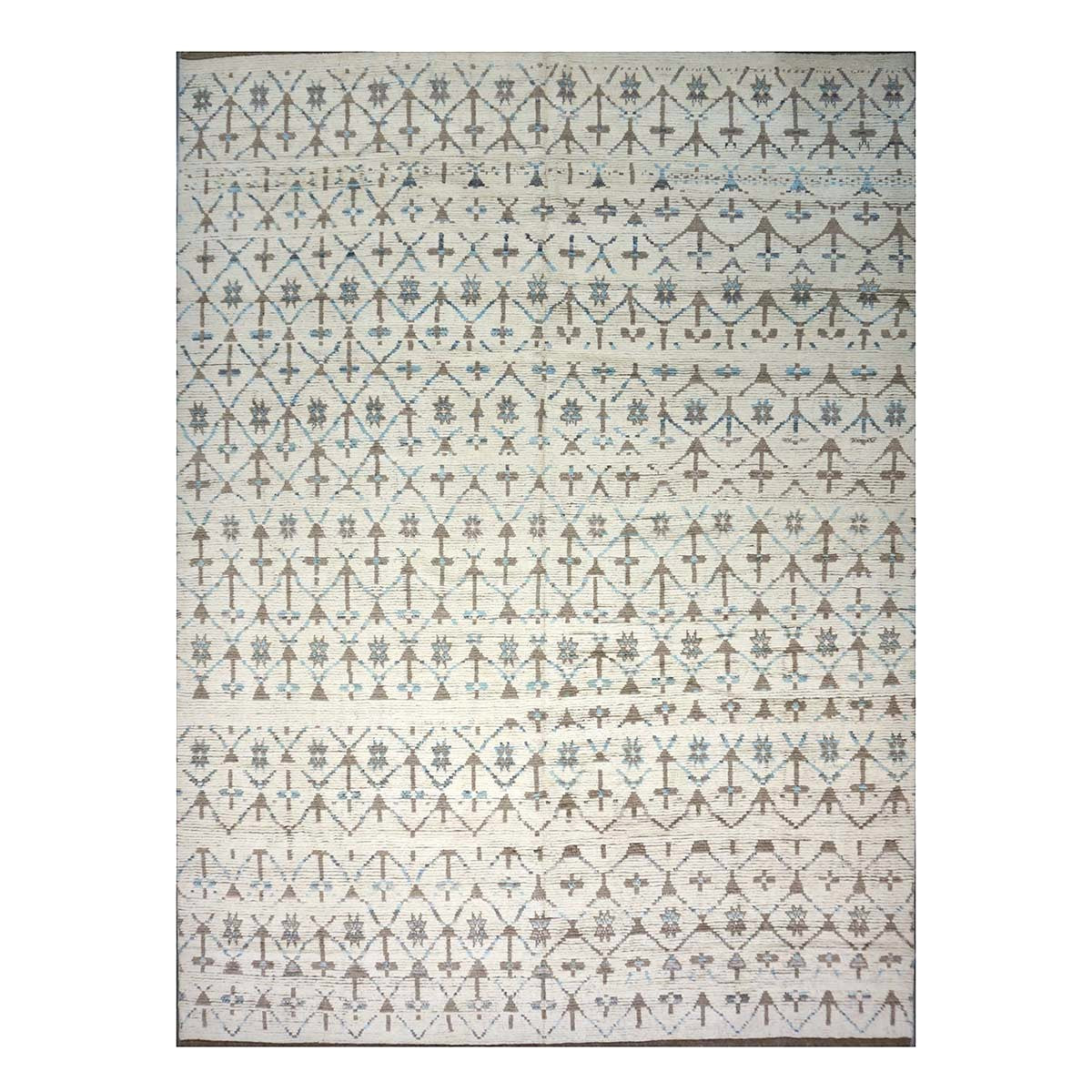 Afghan Tribal Mid-Modern Wool 12x16 Ivory, Brown & Blue Handmade Area Rug #1144745