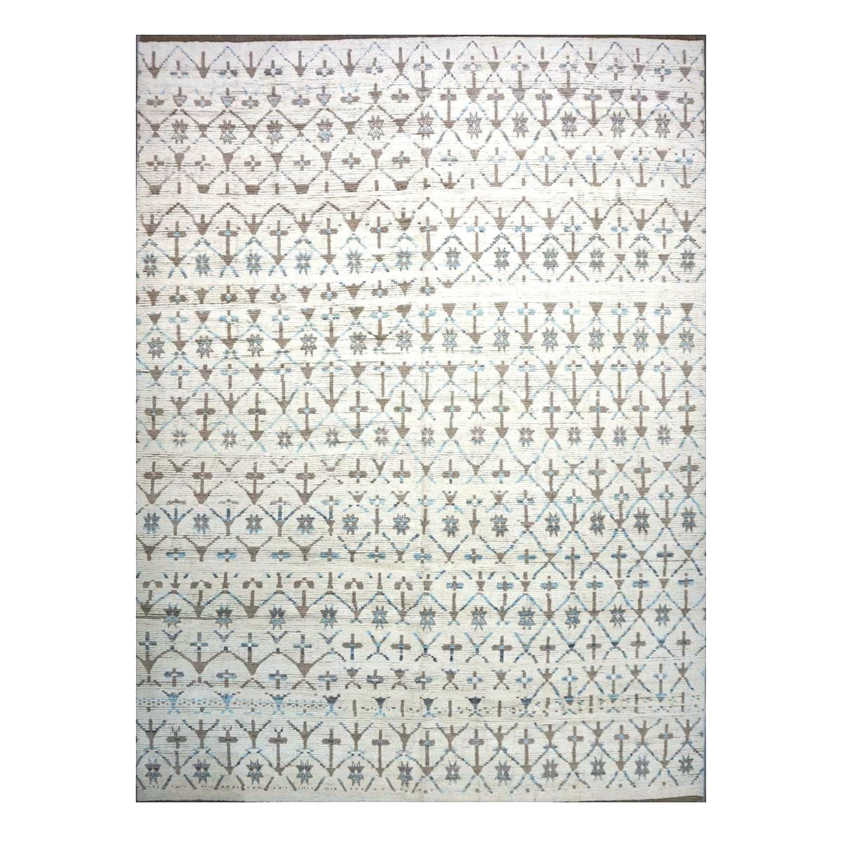 Afghan Tribal Mid-Modern Wool 12x16 Ivory, Brown & Blue Handmade Area Rug #1144745