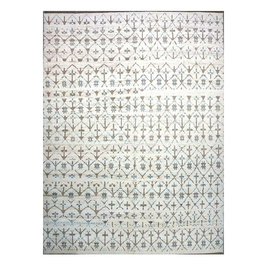 Afghan Tribal Mid-Modern Wool 12x16 Ivory, Brown & Blue Handmade Area Rug #1144745