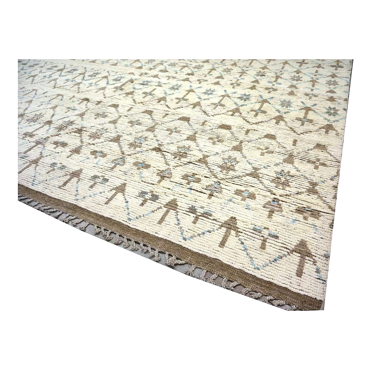 Afghan Tribal Mid-Modern Wool 12x16 Ivory, Brown & Blue Handmade Area Rug #1144745