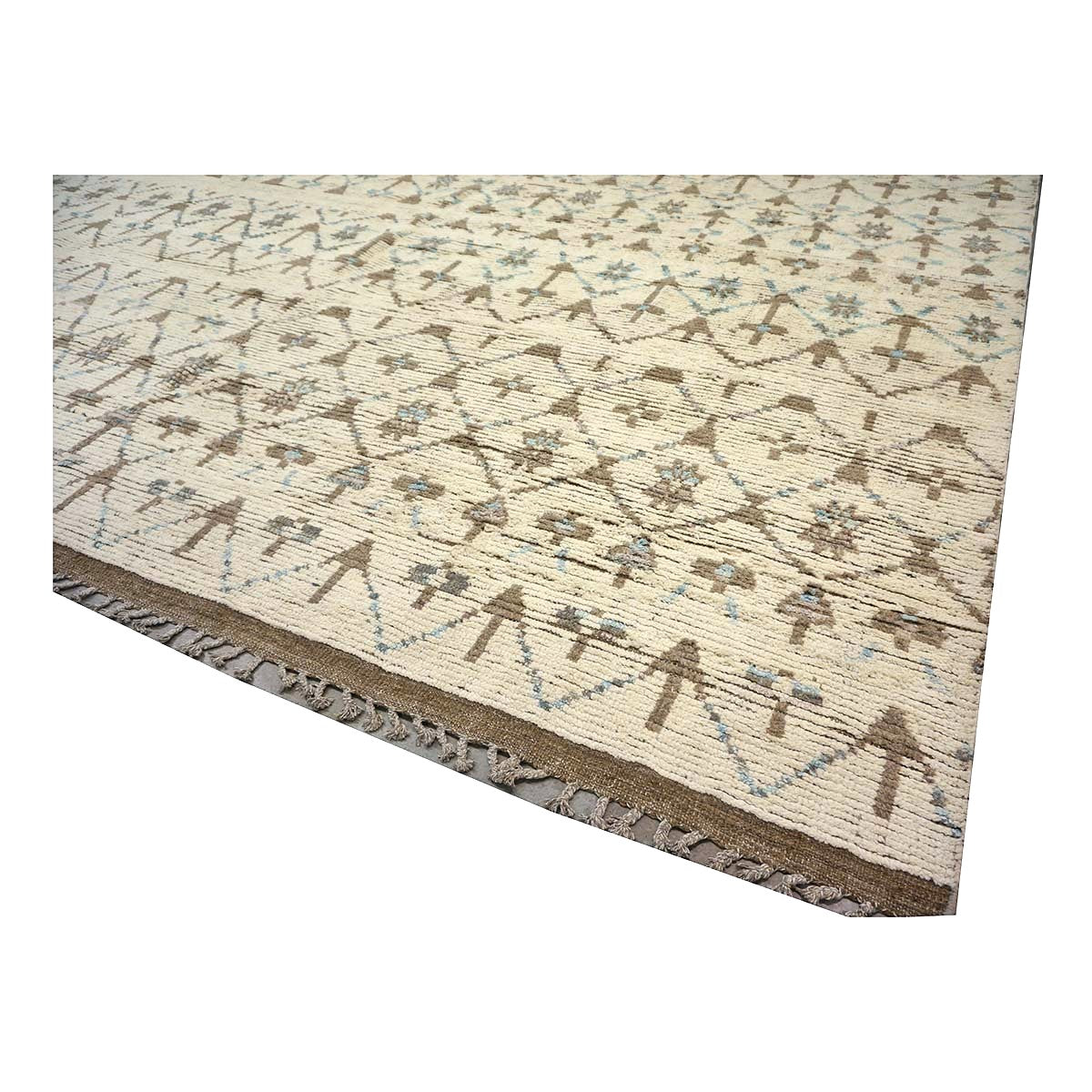 Afghan Tribal Mid-Modern Wool 12x16 Ivory, Brown & Blue Handmade Area Rug #1144745