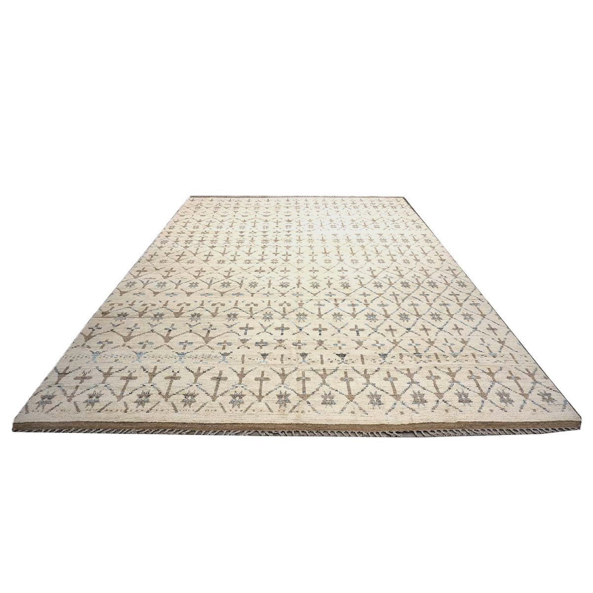 Afghan Tribal Mid-Modern Wool 12x16 Ivory, Brown & Blue Handmade Area Rug #1144745
