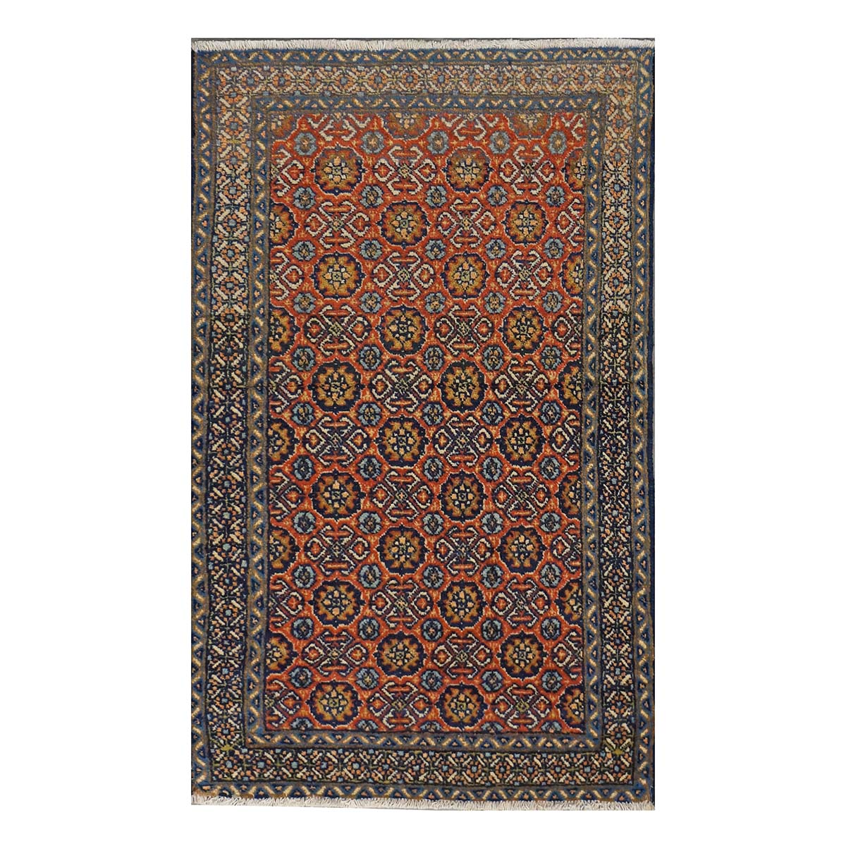 Antique Persian Bakshaish Wool 2x4 Navy, Rust & Ivory Handmade Throw Rug  #1144768