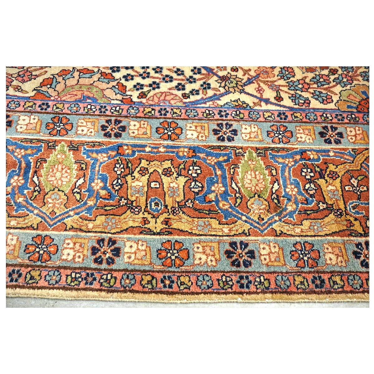 Antique Persian Tabriz Wool 9x11 Ivory, Blue & Chestnut Handmade Area Rug  #1144781