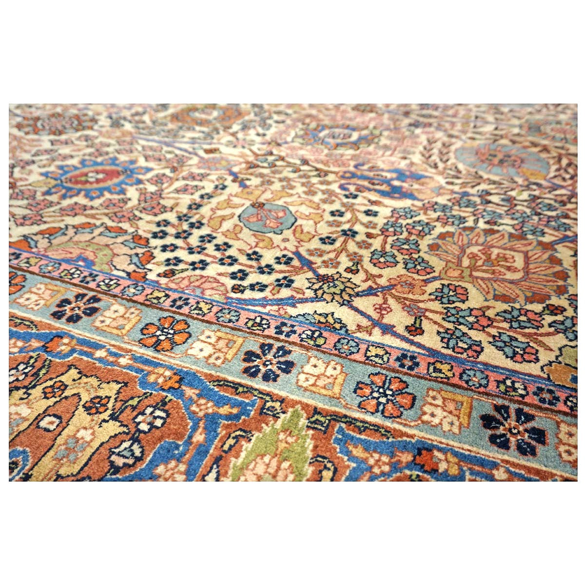 Antique Persian Tabriz Wool 9x11 Ivory, Blue & Chestnut Handmade Area Rug  #1144781