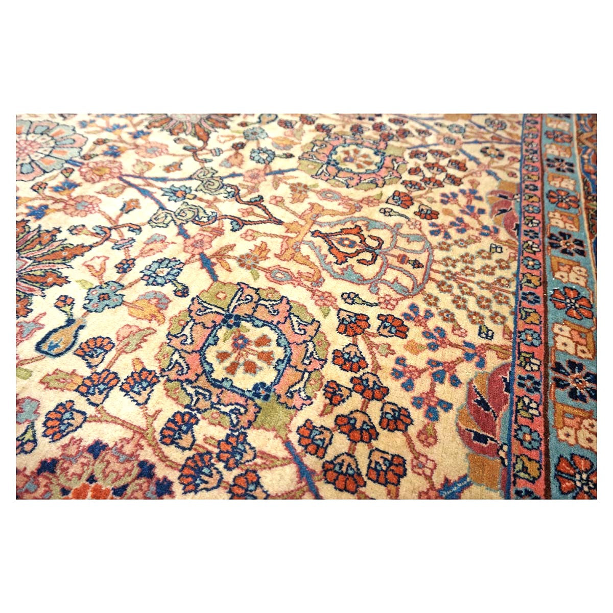 Antique Persian Tabriz Wool 9x11 Ivory, Blue & Chestnut Handmade Area Rug  #1144781