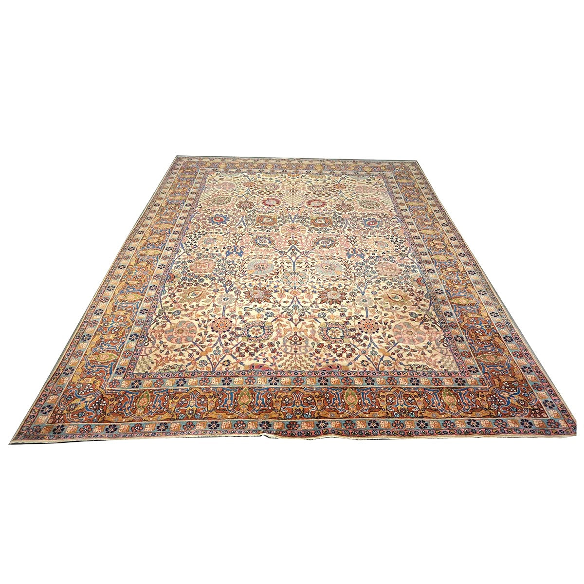 Antique Persian Tabriz Wool 9x11 Ivory, Blue & Chestnut Handmade Area Rug  #1144781