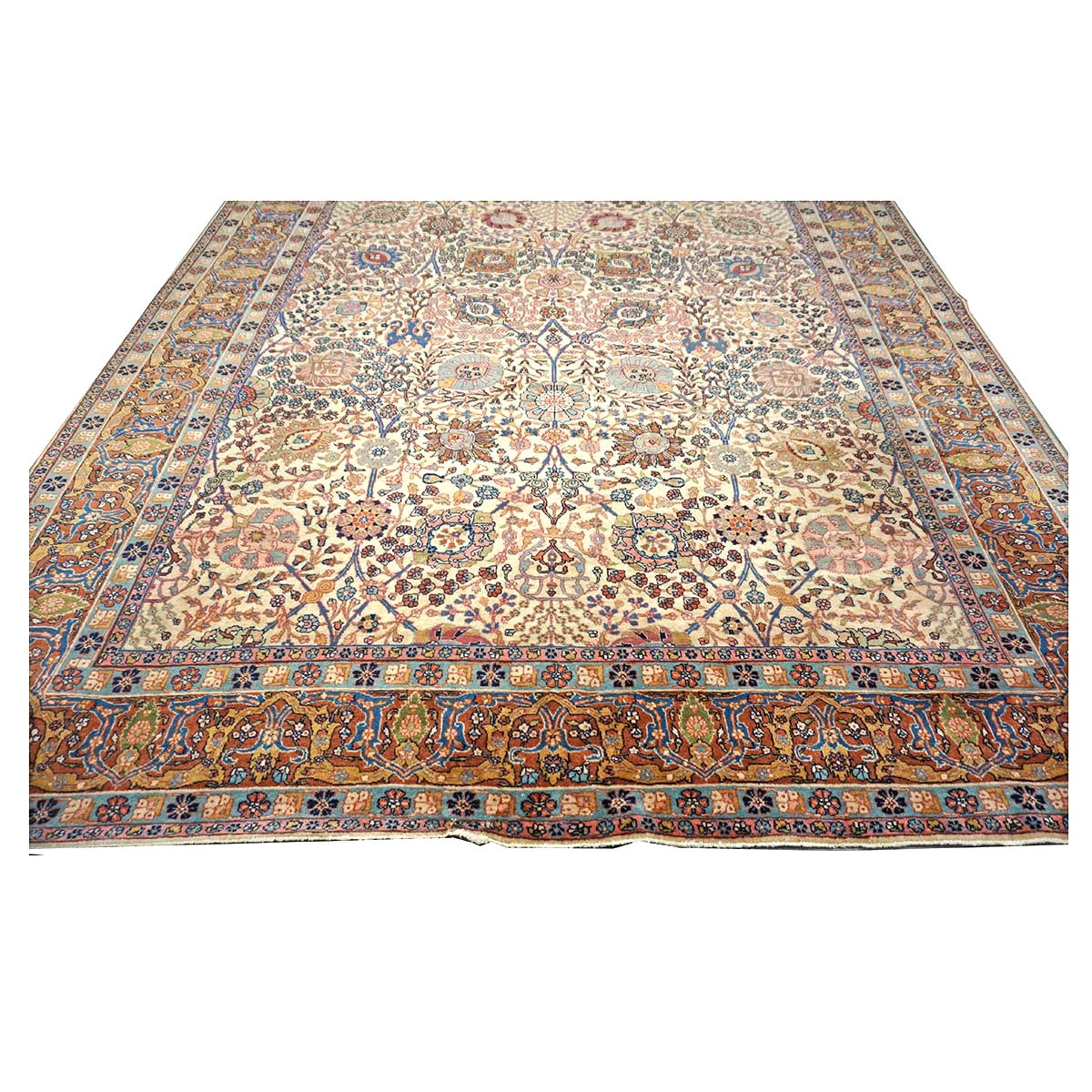 Antique Persian Tabriz Wool 9x11 Ivory, Blue & Chestnut Handmade Area Rug  #1144781