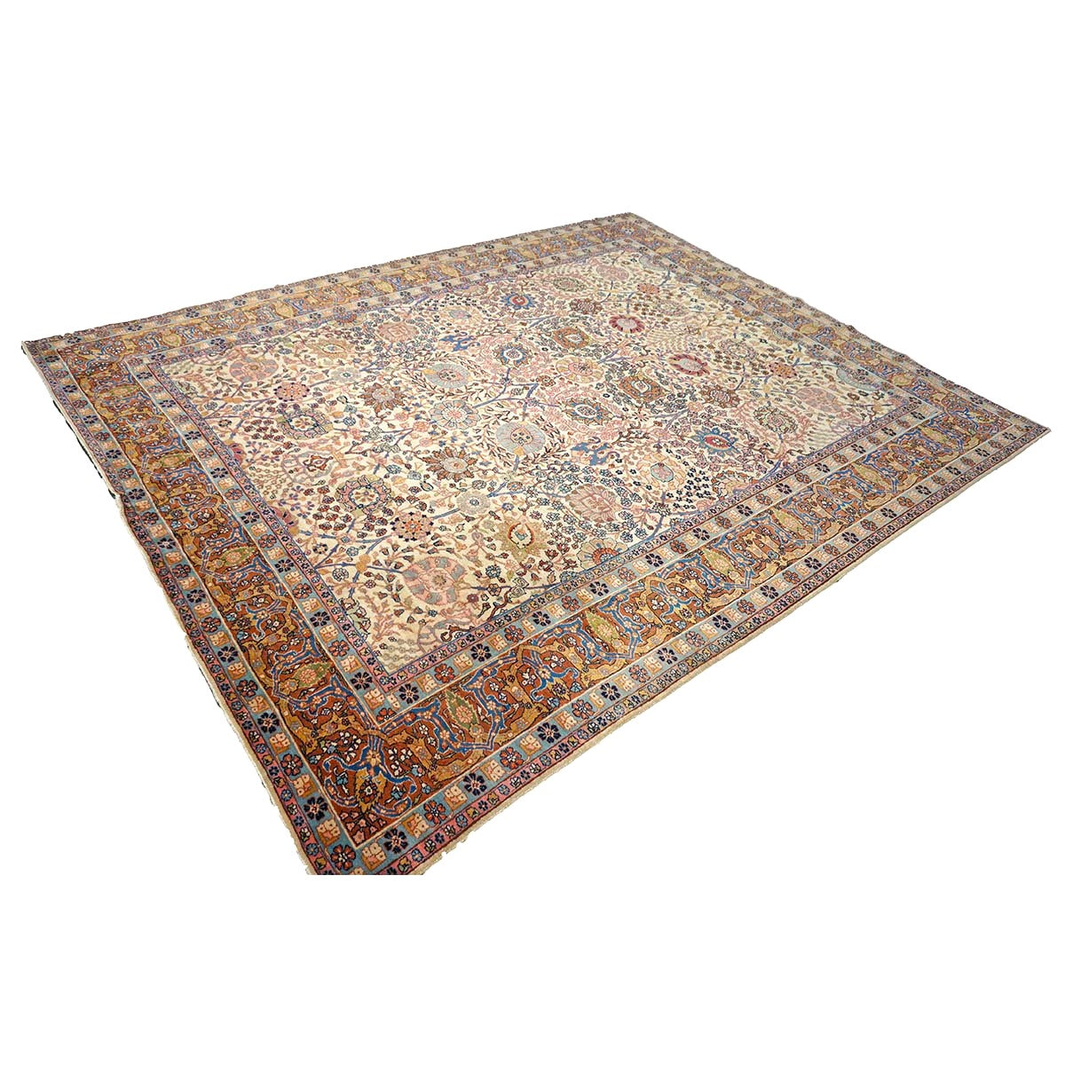 Antique Persian Tabriz Wool 9x11 Ivory, Blue & Chestnut Handmade Area Rug  #1144781