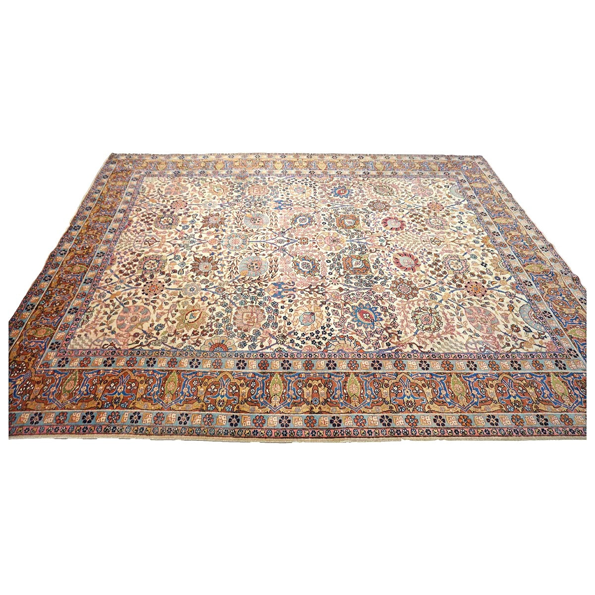 Antique Persian Tabriz Wool 9x11 Ivory, Blue & Chestnut Handmade Area Rug  #1144781