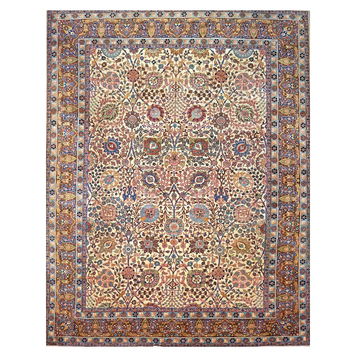 Antique Persian Tabriz Wool 9x11 Ivory, Blue & Chestnut Handmade Area Rug  #1144781