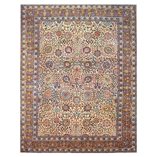 Antique Persian Tabriz Wool 9x11 Ivory, Blue & Chestnut Handmade Area Rug  #1144781
