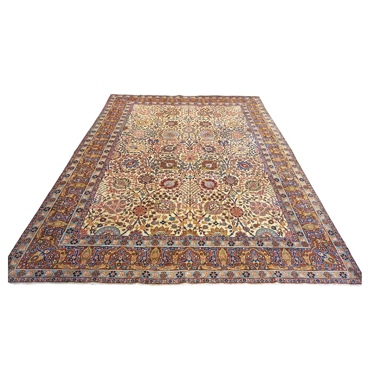 Antique Persian Tabriz Wool 9x11 Ivory, Blue & Chestnut Handmade Area Rug  #1144781