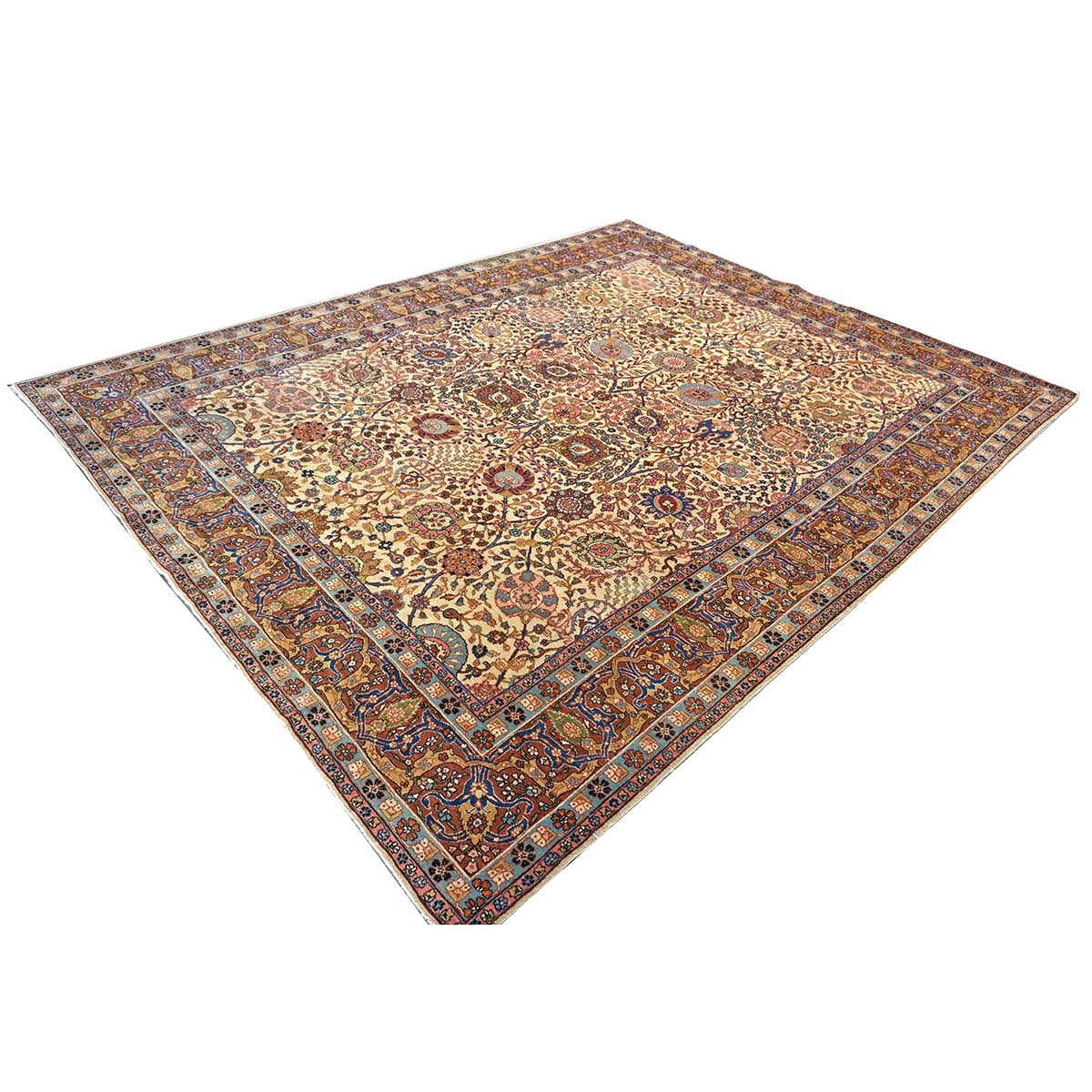 Antique Persian Tabriz Wool 9x11 Ivory, Blue & Chestnut Handmade Area Rug  #1144781