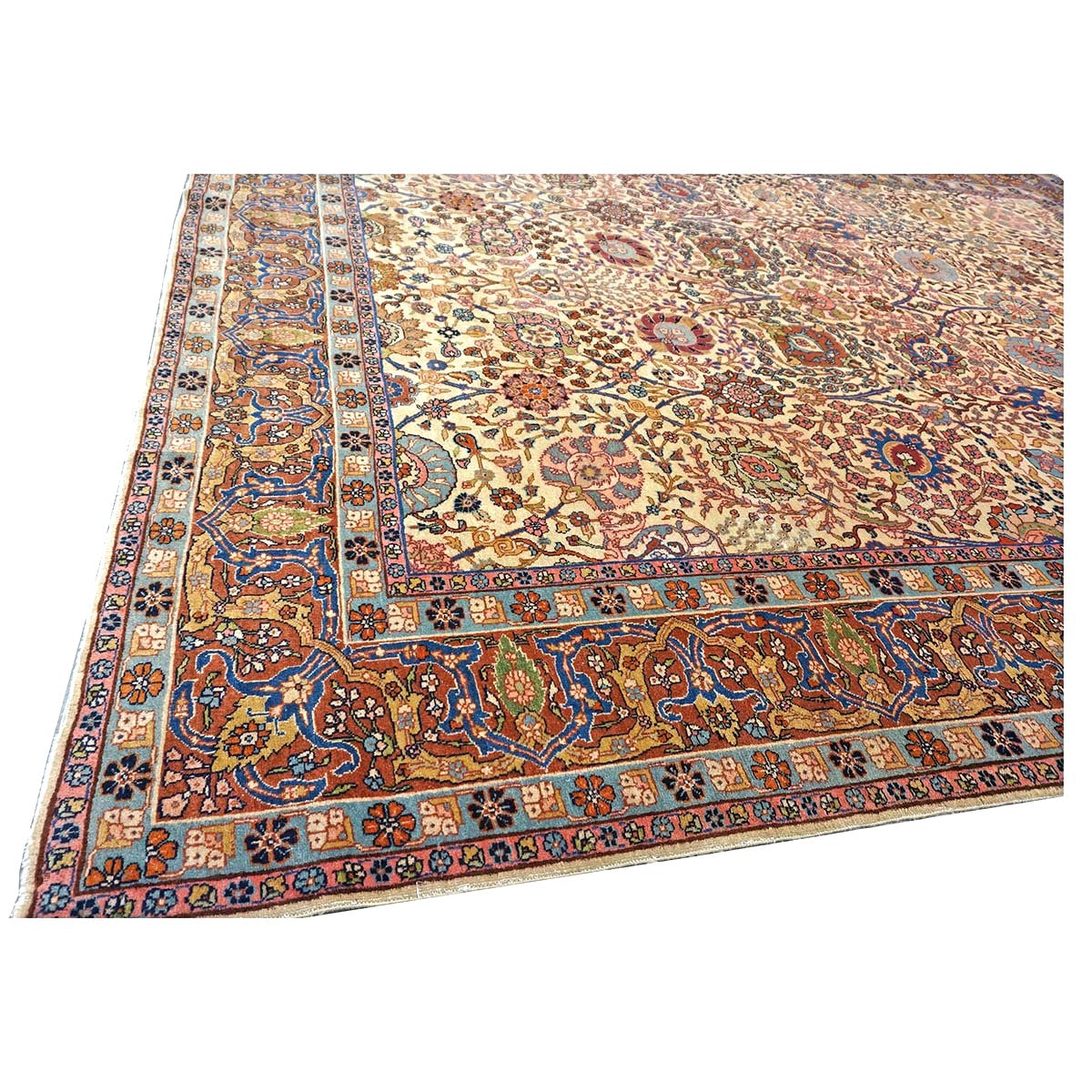 Antique Persian Tabriz Wool 9x11 Ivory, Blue & Chestnut Handmade Area Rug  #1144781