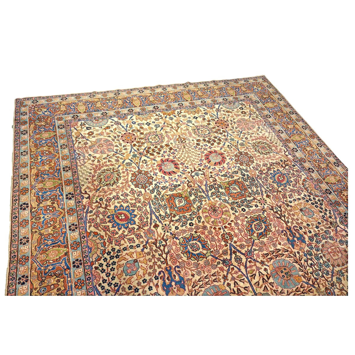 Antique Persian Tabriz Wool 9x11 Ivory, Blue & Chestnut Handmade Area Rug  #1144781