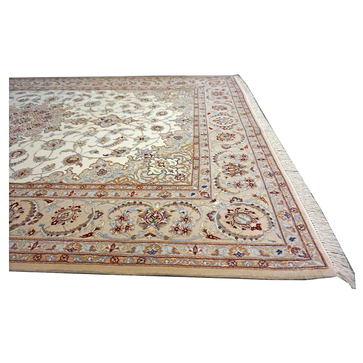 Vintage Persian Isfahan Wool & Silk 5x8 Ivory & Tan Handmade Area Rug #1144787