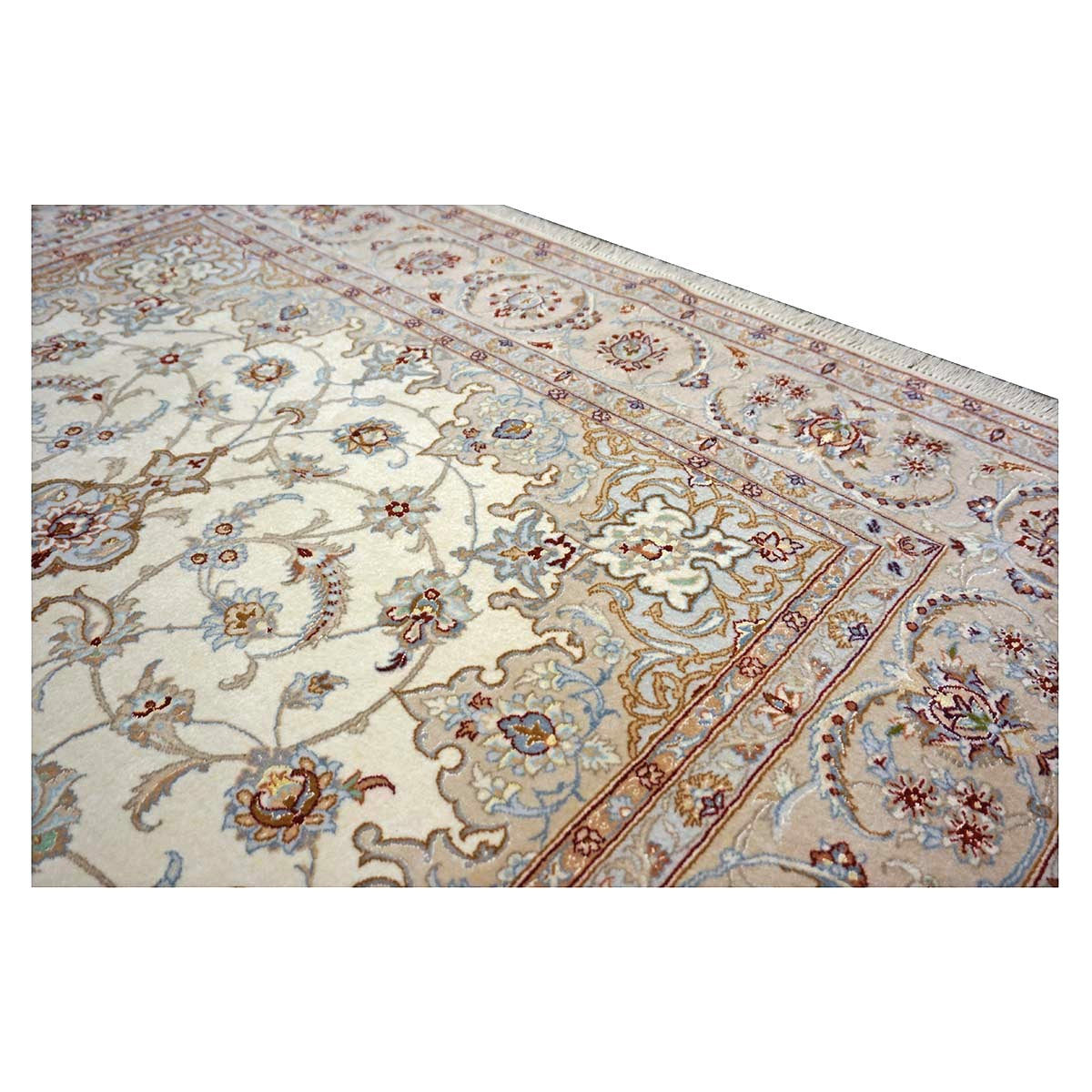 Vintage Persian Isfahan Wool & Silk 5x8 Ivory & Tan Handmade Area Rug #1144787