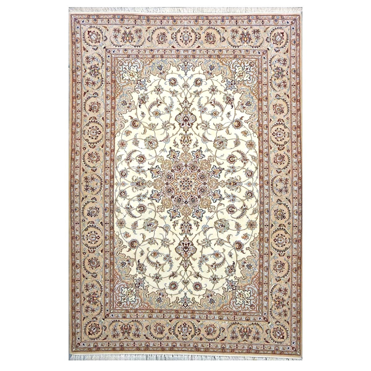 Vintage Persian Isfahan Wool & Silk 5x8 Ivory & Tan Handmade Area Rug #1144787
