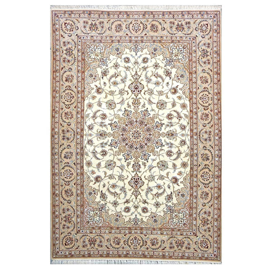 Vintage Persian Isfahan Wool & Silk 5x8 Ivory & Tan Handmade Area Rug #1144787