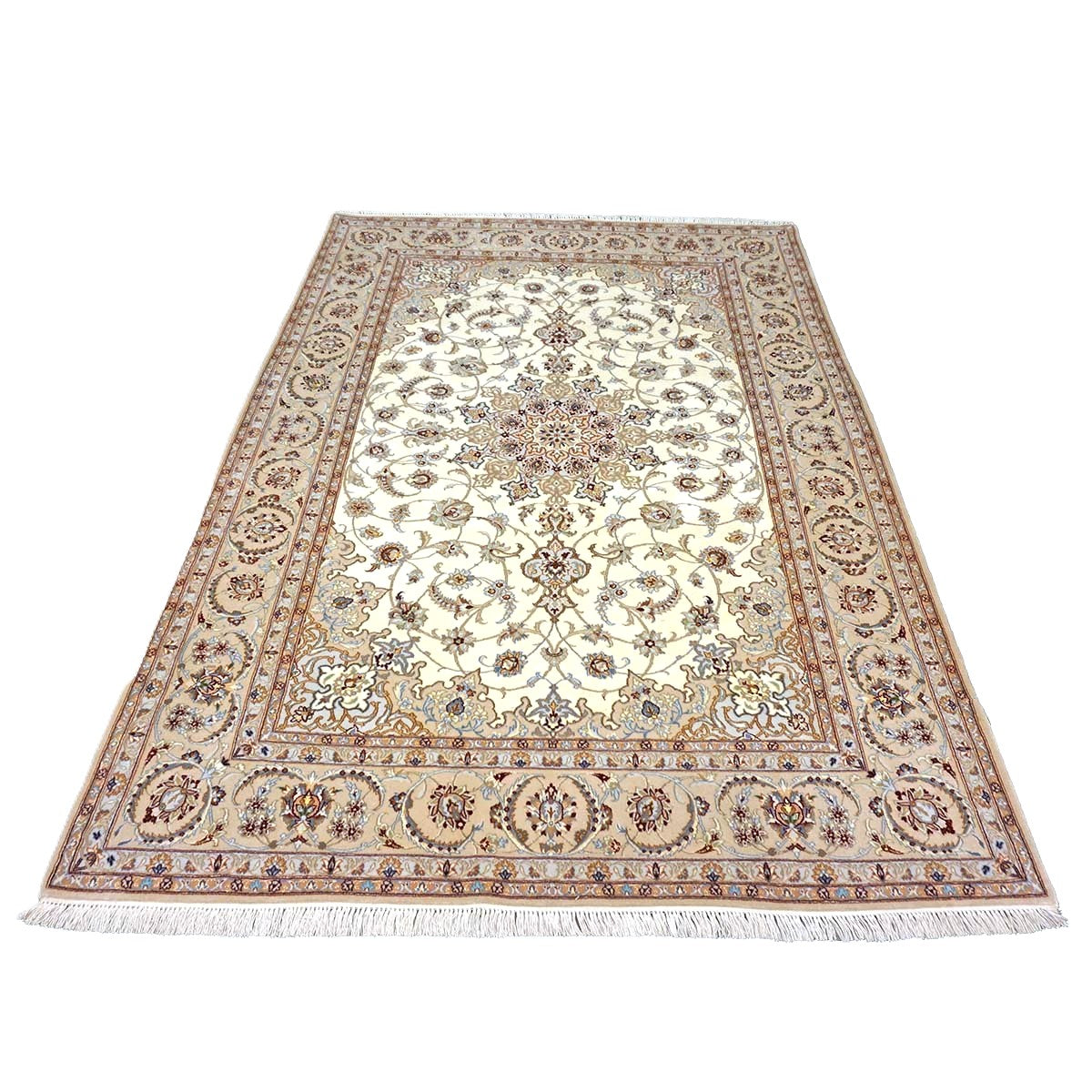 Vintage Persian Isfahan Wool & Silk 5x8 Ivory & Tan Handmade Area Rug #1144787