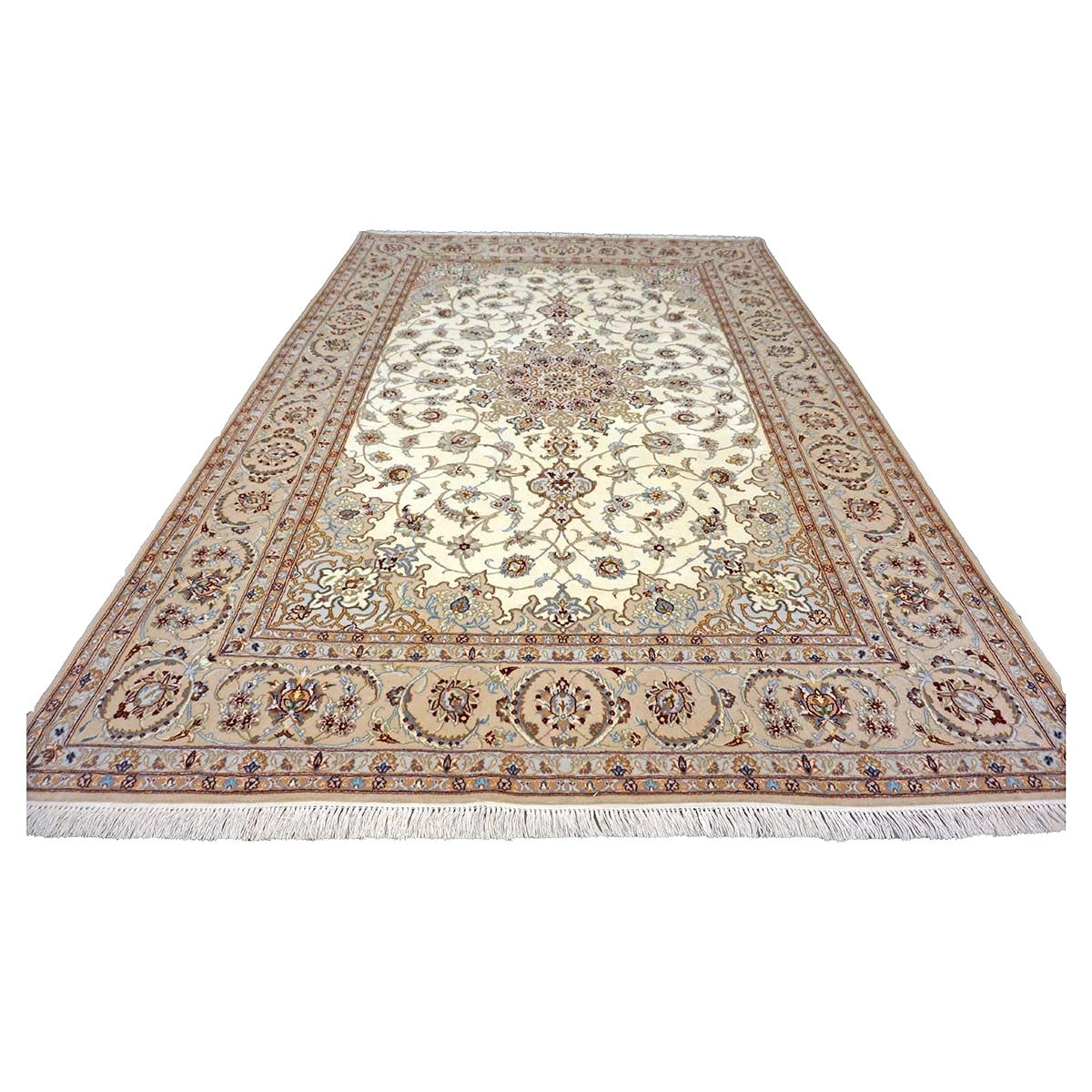 Vintage Persian Isfahan Wool & Silk 5x8 Ivory & Tan Handmade Area Rug #1144787