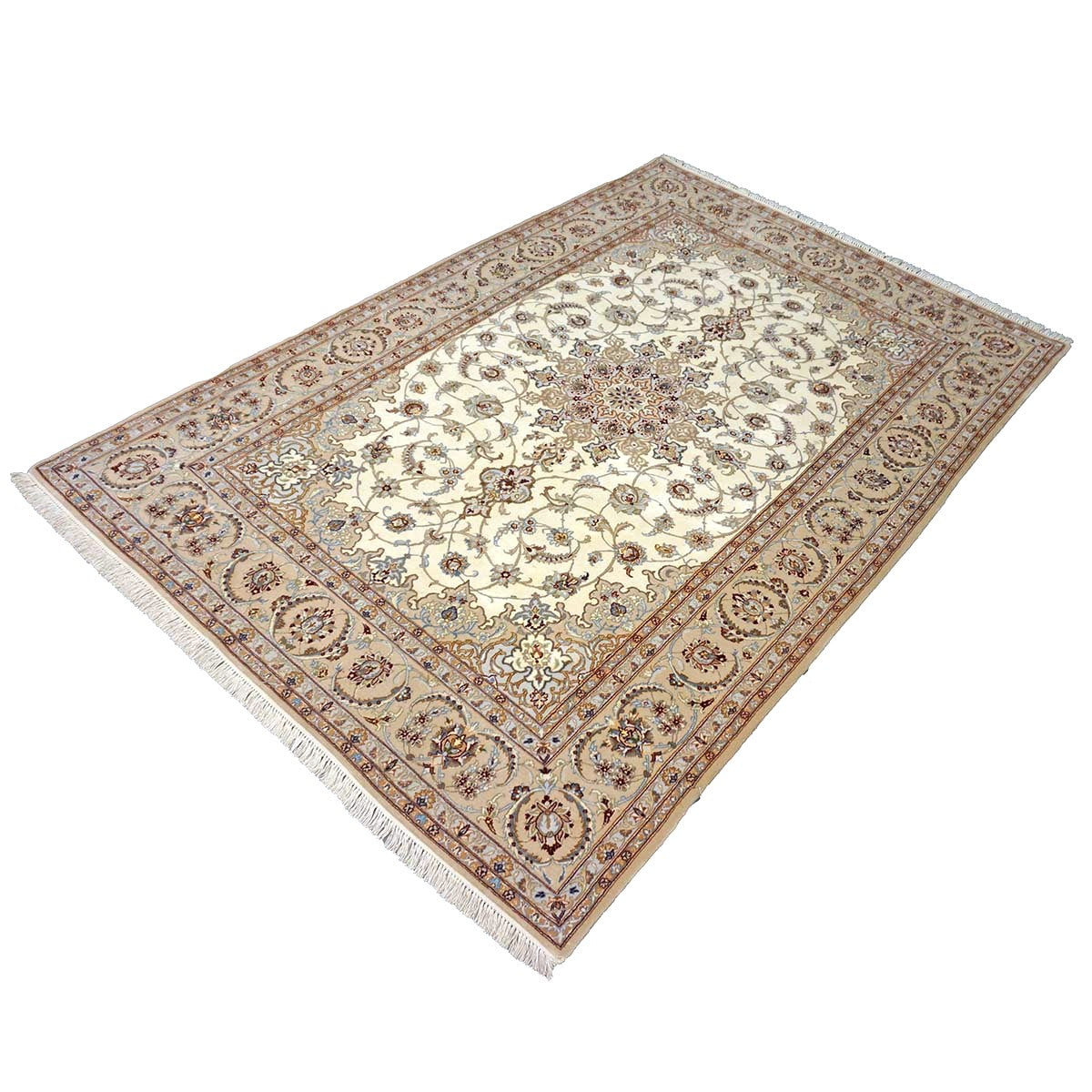Vintage Persian Isfahan Wool & Silk 5x8 Ivory & Tan Handmade Area Rug #1144787