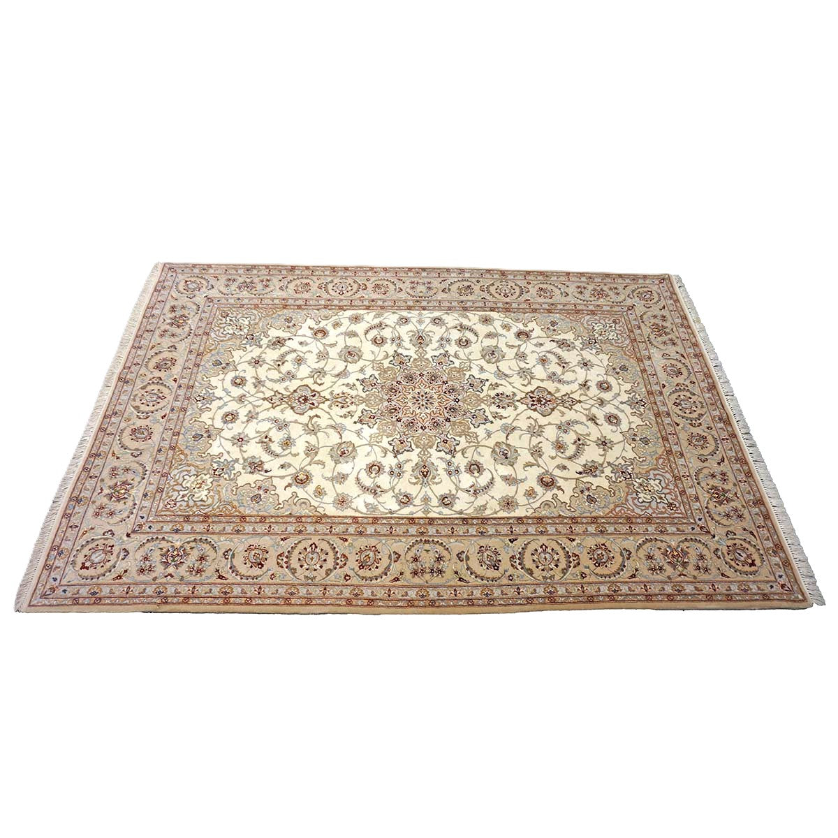 Vintage Persian Isfahan Wool & Silk 5x8 Ivory & Tan Handmade Area Rug #1144787