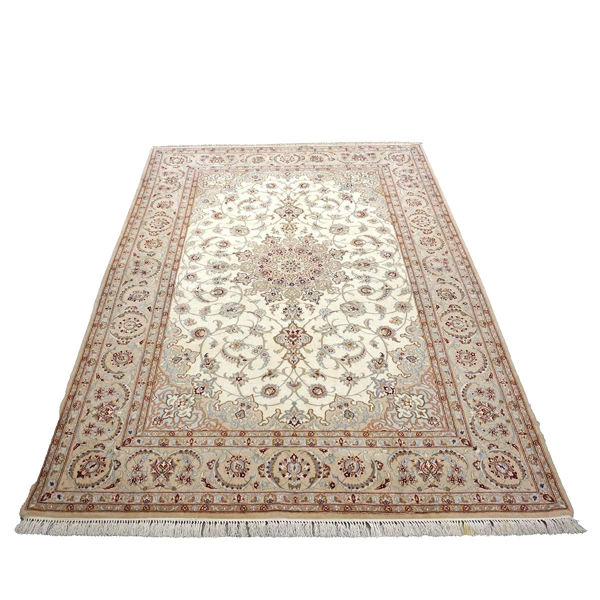Vintage Persian Isfahan Wool & Silk 5x8 Ivory & Tan Handmade Area Rug #1144787