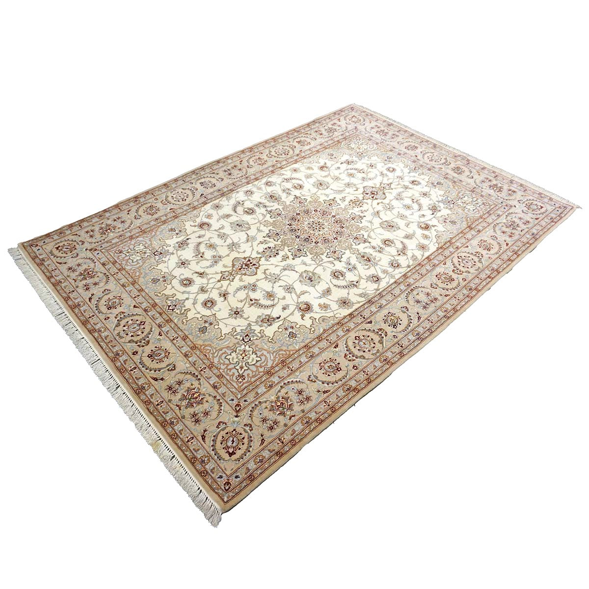 Vintage Persian Isfahan Wool & Silk 5x8 Ivory & Tan Handmade Area Rug #1144787