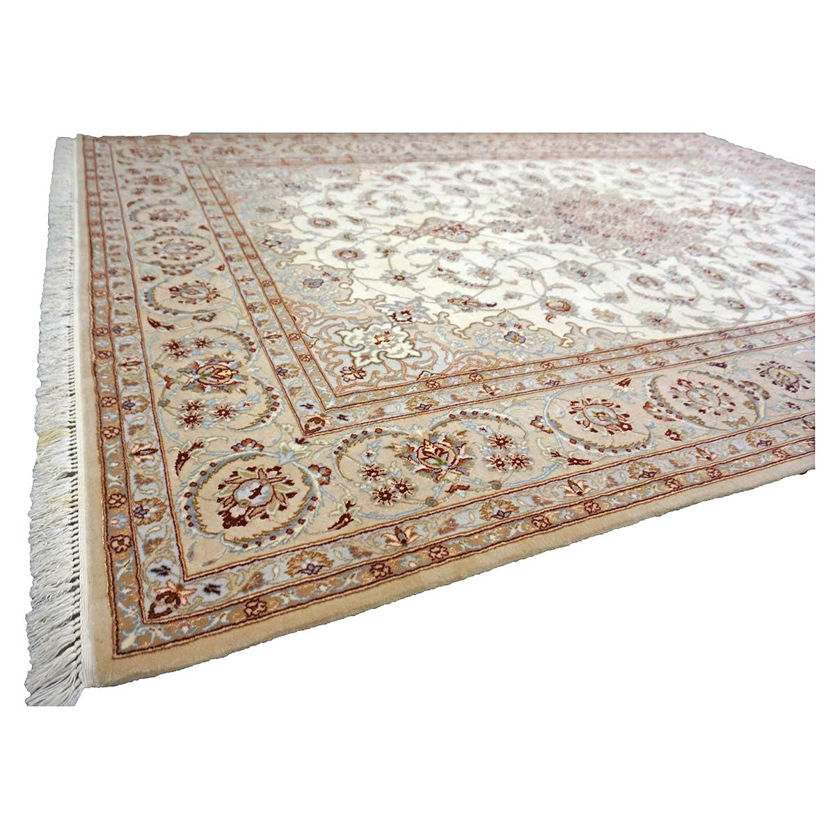 Vintage Persian Isfahan Wool & Silk 5x8 Ivory & Tan Handmade Area Rug #1144787