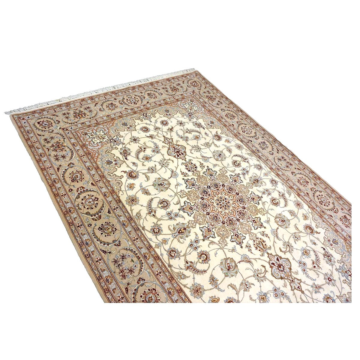 Vintage Persian Isfahan Wool & Silk 5x8 Ivory & Tan Handmade Area Rug #1144787