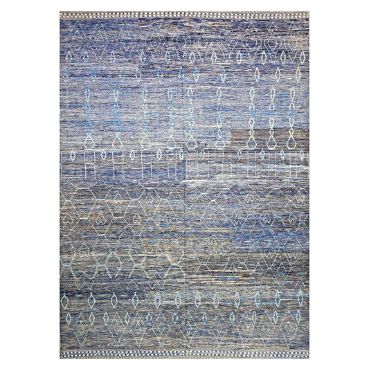Afghan Tribal Mid-Modern Wool 12x17 Navy & Ivory Handmade Area Rug #1144791