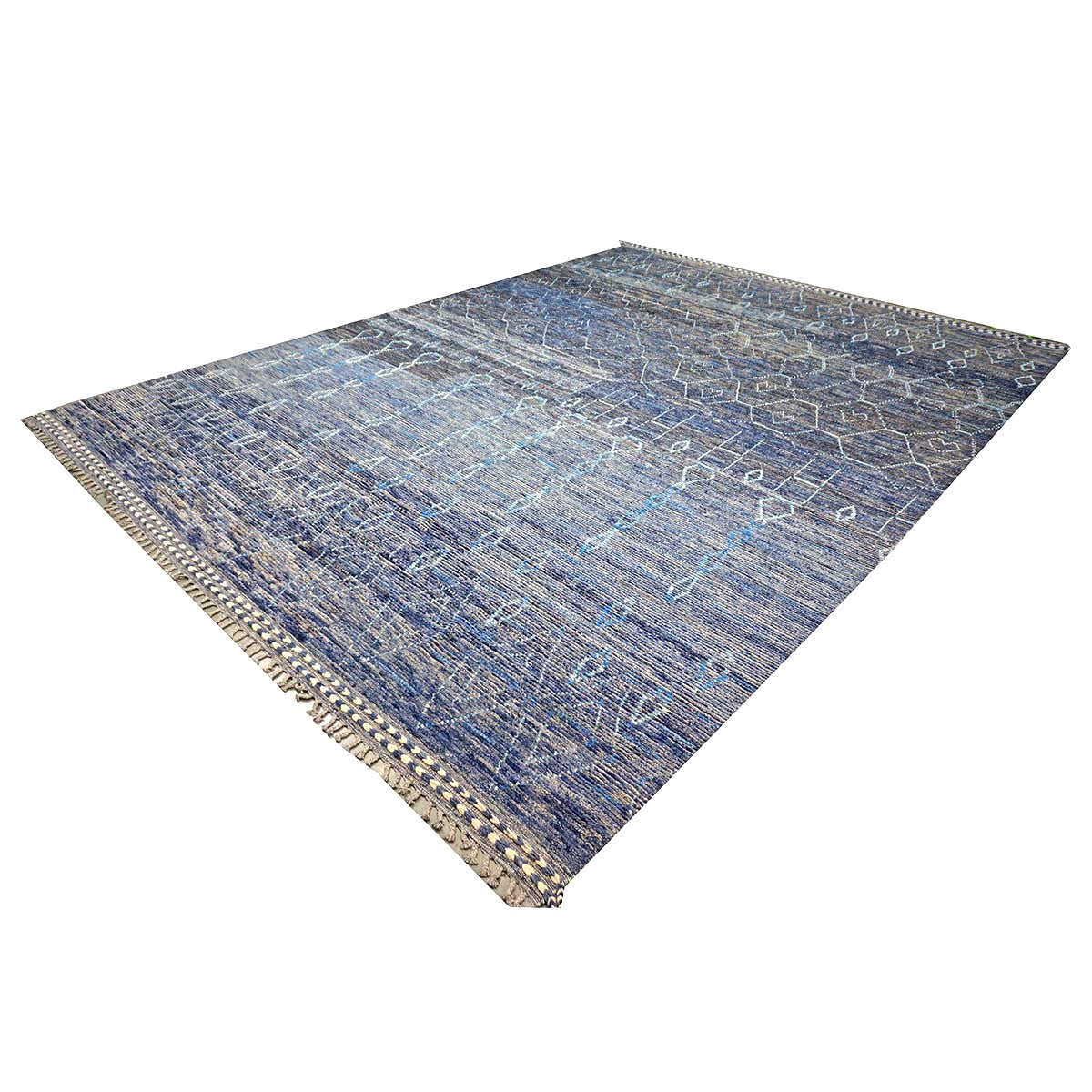 Afghan Tribal Mid-Modern Wool 12x17 Navy & Ivory Handmade Area Rug #1144791