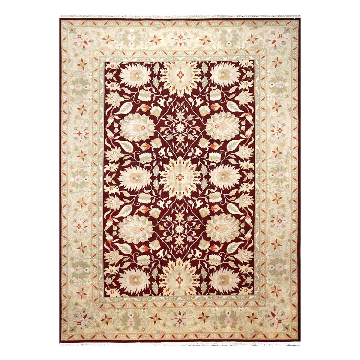 Chinese Oushak Wool 9x12 Burgundy & Tan Handmade Area Rug #1144795