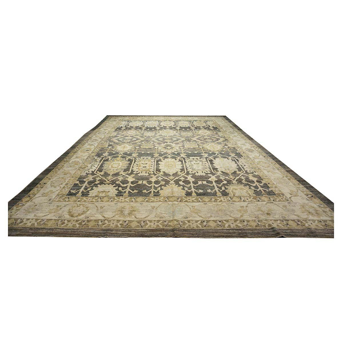 21st Century Turkish Oushak 15x20 Charcoal, Ivory & Olive Green Handmade Rug #1144070 image 12