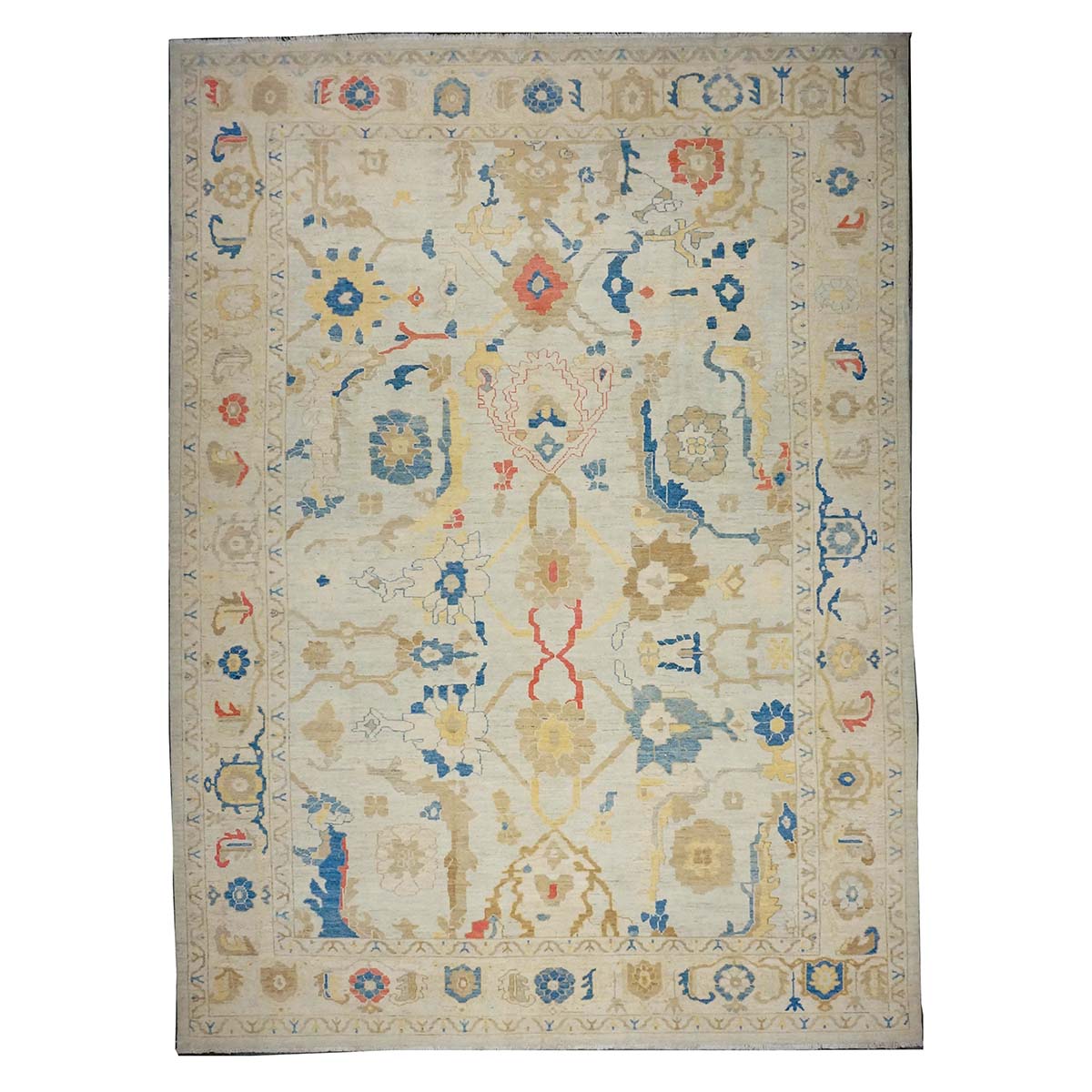 21st Century Turkish Oushak 10X14 Ivory, Red & Slate Blue Handmade Runner Rug #1144177 image 0