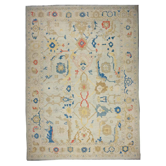 21st Century Turkish Oushak 10X14 Ivory, Red & Slate Blue Handmade Runner Rug #1144177 image 0