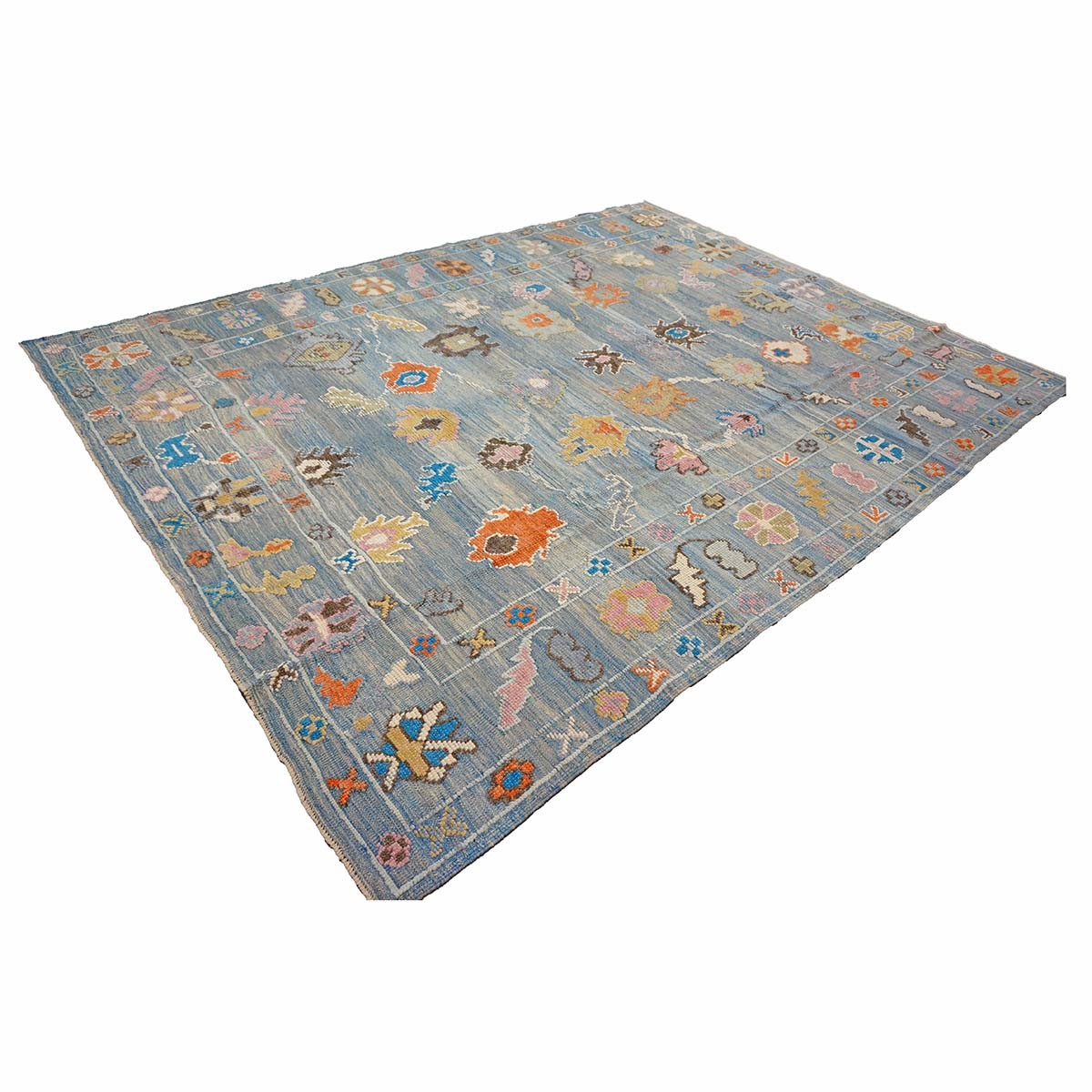 21st Century Turkish Oushak 9x12 Gray, Orange & Slate Blue Handmade Runner Rug #A.C.201 image 3