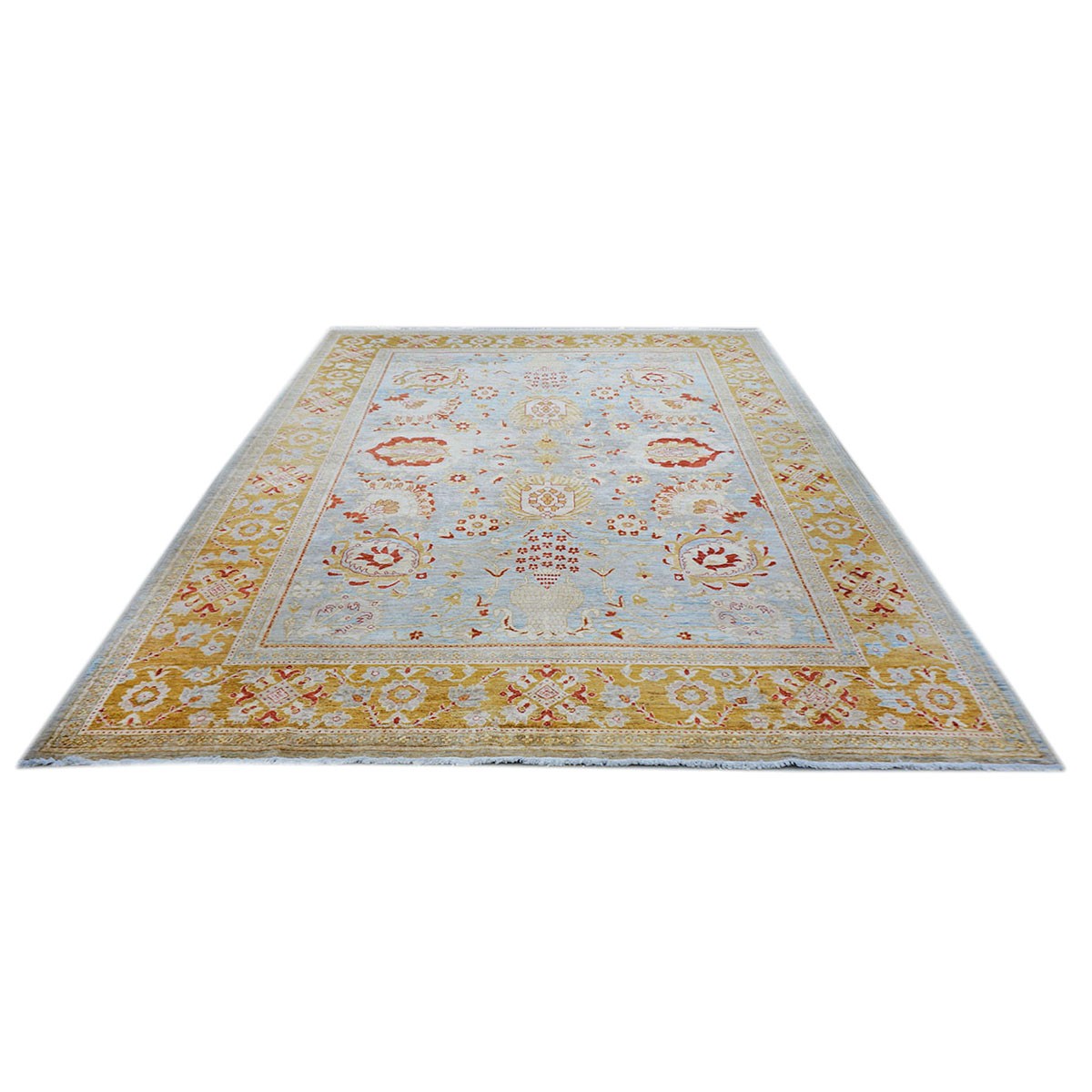 21st Century Afghan Oushak 9x12 Blue & Gold Handmade Area Rug #1144045 image 2
