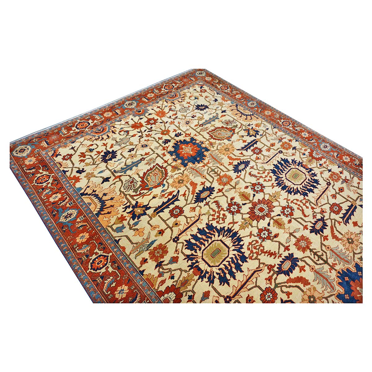Persian Serapi 7x11 Ivory, Rust, & Blue Antique Recreation Handmade Area Rug #1141228 image 7