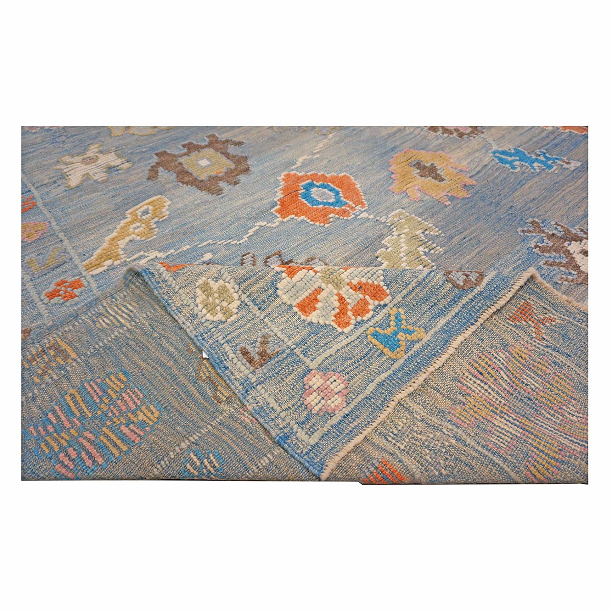 21st Century Turkish Oushak 9x12 Gray, Orange & Slate Blue Handmade Runner Rug #A.C.201 image 10