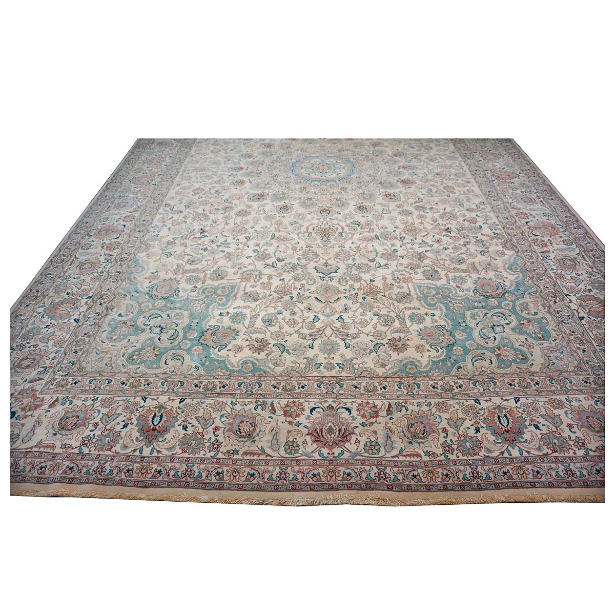 Antique 1940s Persian Tabriz Pahlavi 11x18 Ivory & Blue Handmade Area Rug #9902227 image 2