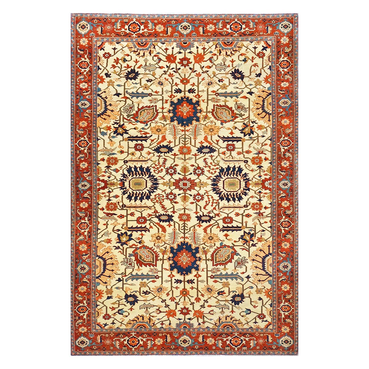 Persian Serapi 7x11 Ivory, Rust, & Blue Antique Recreation Handmade Area Rug #1141228 image 0