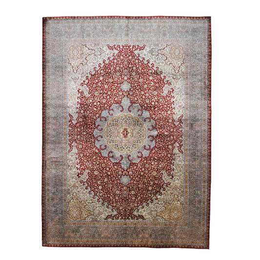Vintage Kashmiri All Silk Red 9x12 Handmade Area Rug #1144057 image 0